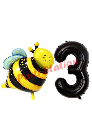 Bee Arı Konsept 3 Yaş Balon Set Arı Balon ve Siyah Rakam Balon Doğum Günü Balon Set