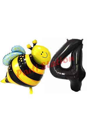 Bee Arı Konsept 4 Yaş Balon Set Arı Balon ve Siyah Rakam Balon Doğum Günü Balon Set