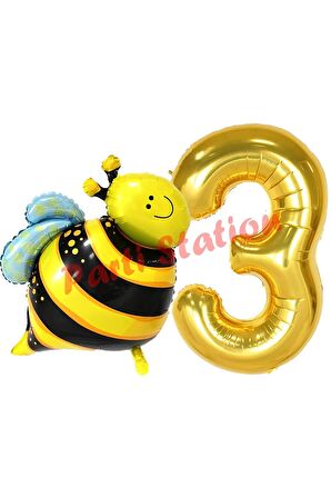 Bee Arı Konsept 3 Yaş Balon Set Arı Balon ve Gold Rakam Balon Doğum Günü Balon Set