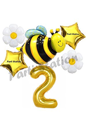 Bee Arı ve Papatya Konsept 2 Yaş Balon Set Arı Balon ve Gold Rakam Balon Doğum Günü Balon Set