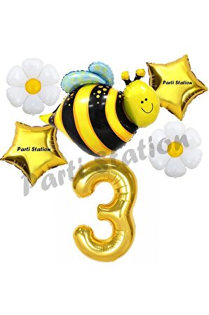 Bee Arı ve Papatya Konsept 3 Yaş Balon Set Arı Balon ve Gold Rakam Balon Doğum Günü Balon Set