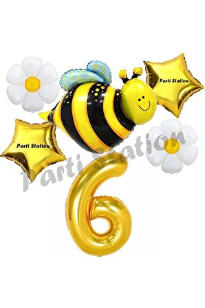 Bee Arı ve Papatya Konsept 6 Yaş Balon Set Arı Balon ve Gold Rakam Balon Doğum Günü Balon Set