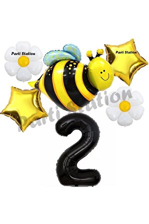 Bee Arı ve Papatya Konsept 2 Yaş Balon Set Arı Balon ve Siyah Rakam Balon Doğum Günü Balon Set