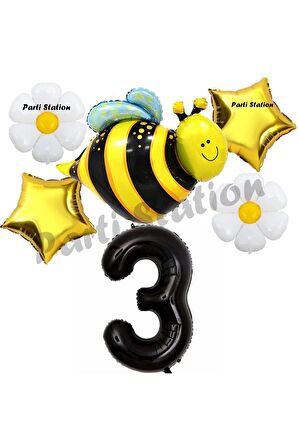 Bee Arı ve Papatya Konsept 3 Yaş Balon Set Arı Balon ve Siyah Rakam Balon Doğum Günü Balon Set