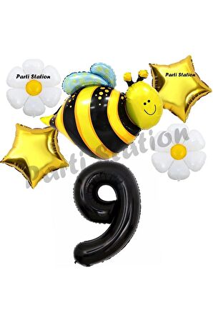 Bee Arı ve Papatya Konsept 9 Yaş Balon Set Arı Balon ve Siyah Rakam Balon Doğum Günü Balon Set