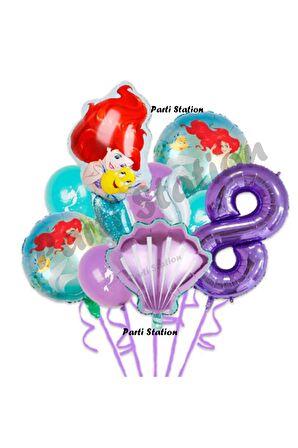 Küçük Deniz Kızı Ariel 8 Yaş Balon Seti Little Mermaid Balloon Set Ariel Doğum Günü Balon Seti