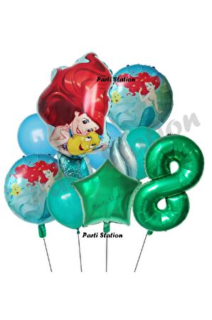 Deniz Kızı Ariel 8 Yaş Yeşil Renk Balon Set Little Mermaid Balloon Deniz Kızı Ariel Doğum Günü Set
