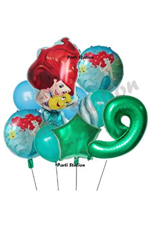 Deniz Kızı Ariel 9 Yaş Yeşil Renk Balon Set Little Mermaid Balloon Deniz Kızı Ariel Doğum Günü Set