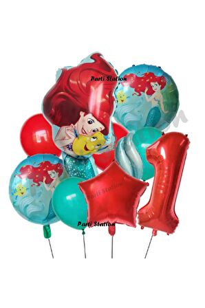 Deniz Kızı Ariel 1 Yaş Kırmızı Renk Balon Set Little Mermaid Balloon Deniz Kızı Ariel Doğum Günü Set