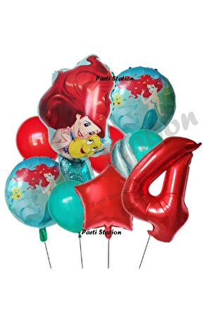Deniz Kızı Ariel 4 Yaş Kırmızı Renk Balon Set Little Mermaid Balloon Deniz Kızı Ariel Doğum Günü Set