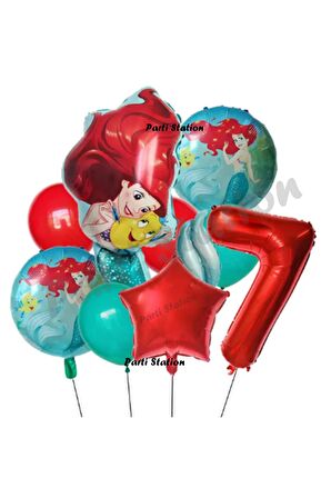 Deniz Kızı Ariel 7 Yaş Kırmızı Renk Balon Set Little Mermaid Balloon Deniz Kızı Ariel Doğum Günü Set