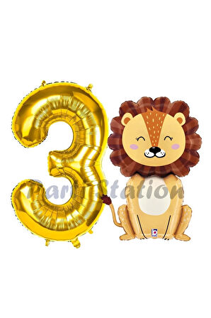 Aslan Balon 6 Yaş Balon Set Safari Konsept Aslan Balon ve Gold Renk Rakam Balon