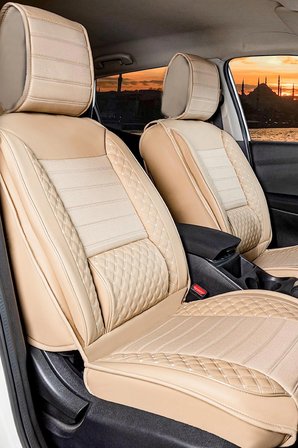 Honda Civic FB7 Uyumlu Lüx Deri Oto Koltuk Kılıfı Ön Arka Takım Saturn BEJ
