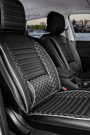 Alfa Romeo 159 Station Wagon Uyumlu Lüx Deri Oto Koltuk Kılıfı Ön Arka Takım Saturn SİYAH BEYAZ