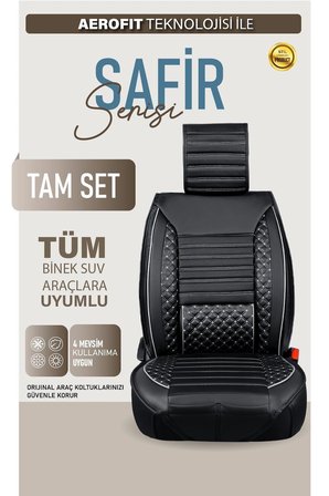 Volkswagen Tiguan AllSpace Uyumlu Lüx Deri Oto Koltuk Kılıfı Ön Arka Takım Saturn SİYAH BEYAZ