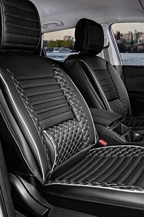 Renault Megane 4 İcon Uyumlu Lüx Deri Oto Koltuk Kılıfı Ön Arka Takım Saturn SİYAH BEYAZ