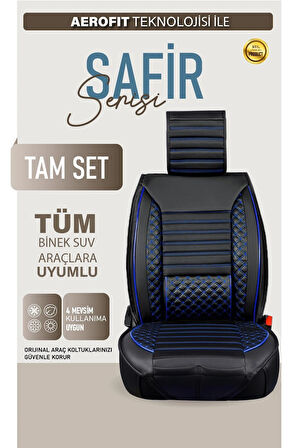 Skoda Scala Uyumlu Lüx Deri Oto Koltuk Kılıfı Ön Arka Takım Saturn SİYAH MAVİ