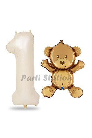 Sevimli Ayıcık Balon 4 Yaş Balon Set Woodland Konsept Ayı Balon ve Gold Renk Rakam Balon