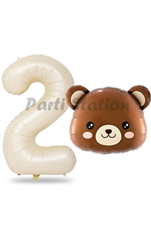 Sevimli Ayıcık Kafa Balon 1 Yaş Balon Set Woodland Konsept Ayı Balon ve Krem Renk Rakam Balon