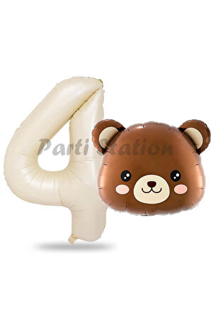 Sevimli Ayıcık Kafa Balon 1 Yaş Balon Set Woodland Konsept Ayı Balon ve Krem Renk Rakam Balon