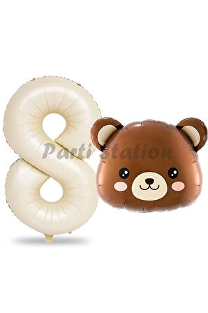 Sevimli Ayıcık Kafa Balon 1 Yaş Balon Set Woodland Konsept Ayı Balon ve Krem Renk Rakam Balon