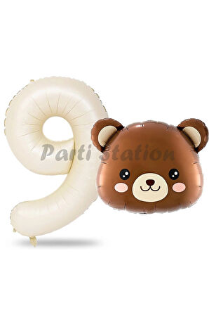Sevimli Ayıcık Kafa Balon 1 Yaş Balon Set Woodland Konsept Ayı Balon ve Krem Renk Rakam Balon