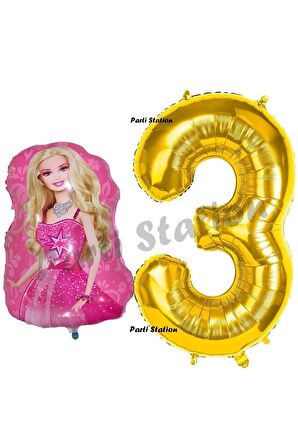 Barbie Balon Konsept 3 Yaş Balon Set Barbie ve Gold Rakam Balon Doğum Günü Balon Set