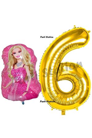 Barbie Balon Konsept 6 Yaş Balon Set Barbie ve Gold Rakam Balon Doğum Günü Balon Set
