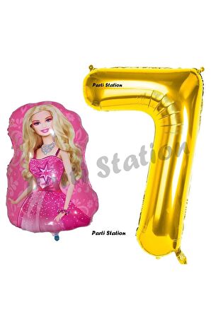 Barbie Balon Konsept 7 Yaş Balon Set Barbie ve Gold Rakam Balon Doğum Günü Balon Set
