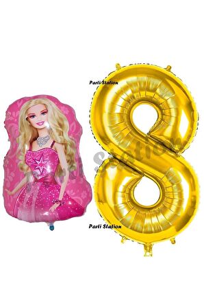 Barbie Balon Konsept 8 Yaş Balon Set Barbie ve Gold Rakam Balon Doğum Günü Balon Set