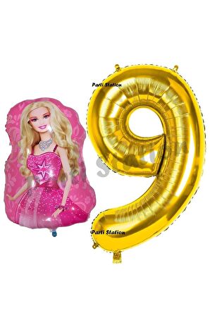 Balon Konsept 9 Yaş Balon Set Barbie ve Gold Rakam Balon Doğum Günü Balon Set