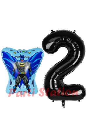 Batman Konsept 2 Yaş Balon Set Batman Yarasa ve Siyah Rakam Balon Doğum Günü Balon Set