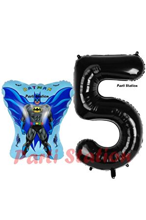 Batman Konsept 5 Yaş Balon Set Batman Yarasa ve Siyah Rakam Balon Doğum Günü Balon Set