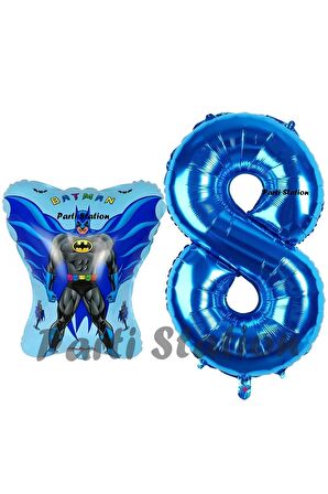 Batman Konsept 8 Yaş Balon Set Batman Yarasa ve Lacivert Rakam Balon Doğum Günü Balon Set