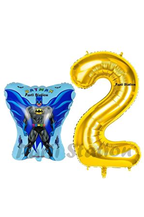 Batman Konsept 2 Yaş Balon Set Batman Yarasa ve Gold Rakam Balon Doğum Günü Balon Set