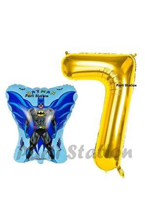 Batman Konsept 7 Yaş Balon Set Batman Yarasa ve Gold Rakam Balon Doğum Günü Balon Set