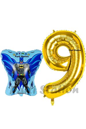 Batman Konsept 9 Yaş Balon Set Batman Yarasa ve Gold Rakam Balon Doğum Günü Balon Set