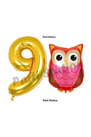 Woodland Baykuş Konsept 9 Yaş Balon Set Sevimli Baykuş Owl ve Gold Rakam Balon Doğum Günü Balon Set