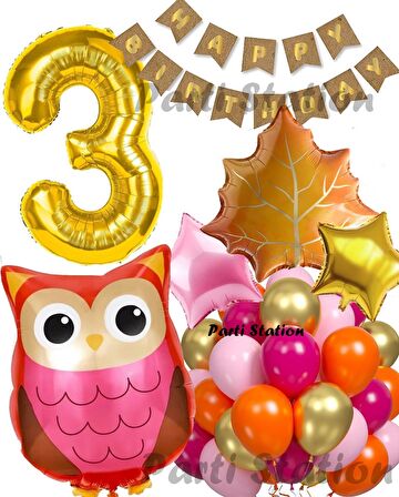 Orman Woodland Baykuş Konsept Doğum Günü 3 Yaş Balon Set Baykuş Tema Folyo Balon Set