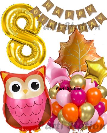 Orman Woodland Baykuş Konsept Doğum Günü 8 Yaş Balon Set Baykuş Tema Folyo Balon Set