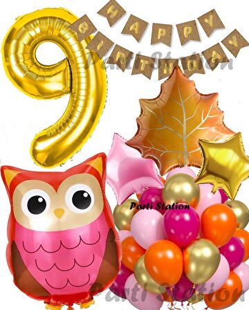 Orman Woodland Baykuş Konsept Doğum Günü 9 Yaş Balon Set Baykuş Tema Folyo Balon Set