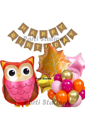 Orman Woodland Baykuş Konsept Doğum Günü 9 Yaş Balon Set Baykuş Tema Folyo Balon Set