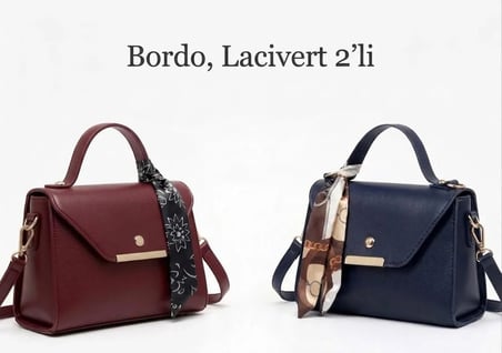 Arvelia Bordo, Lacivert 2’li Paket Suni Deri Fular Detaylı El Ve Omuz Çantası 