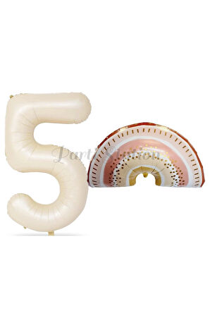 Bohem Gökkuşağı 7 Yaş Balon Set Boho Rainbow Konsept Balon ve Krem Rakam Balon