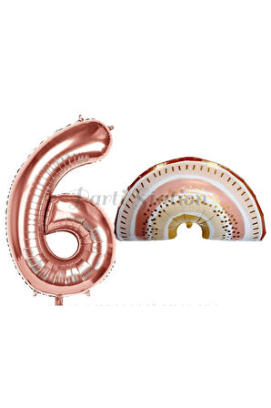 Bohem Gökkuşağı 5 Yaş Balon Set Boho Rainbow Konsept Balon ve Rosegold Rakam Balon