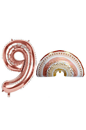 Bohem Gökkuşağı 5 Yaş Balon Set Boho Rainbow Konsept Balon ve Rosegold Rakam Balon