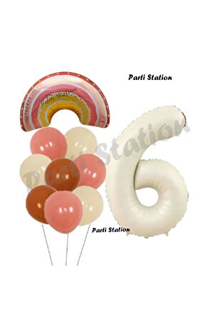 Bohem Gökkuşağı 3 Yaş Balon Set Boho Rainbow ve Krem Rakam Balon Konsept Doğum Günü Parti Set