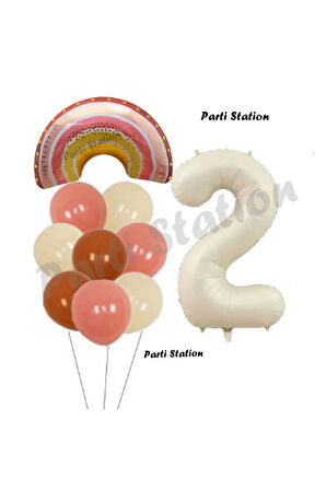 Bohem Gökkuşağı 3 Yaş Balon Set Boho Rainbow ve Krem Rakam Balon Konsept Doğum Günü Parti Set
