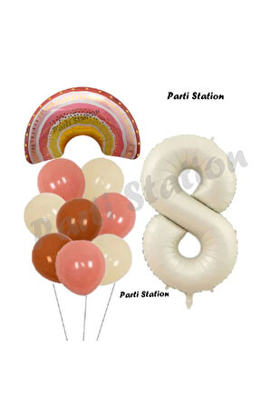 Bohem Gökkuşağı 3 Yaş Balon Set Boho Rainbow ve Krem Rakam Balon Konsept Doğum Günü Parti Set