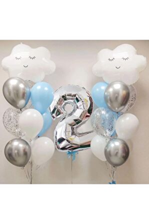 Gökyüzü Bulut 2 Yaş Balon Set Yıldız Balon Folyo Set Konsept Doğum Günü Set Yaş Balon Set